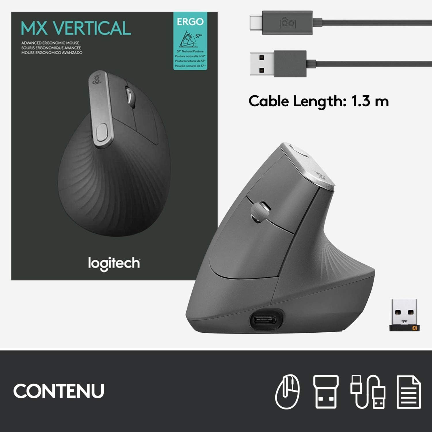MX Vertical Souris Ergonomique Sans Fil | Multi-Dispositifs, Bluetooth/2,4 Ghz, Récepteur USB Unifying, 4000 PPP, 4 Boutons, Charge Rapide, Pc/Mac/Ipad OS - Graphite