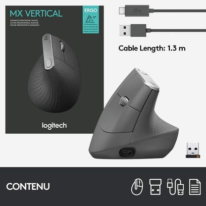 MX Vertical Souris Ergonomique Sans Fil | Multi-Dispositifs, Bluetooth/2,4 Ghz, Récepteur USB Unifying, 4000 PPP, 4 Boutons, Charge Rapide, Pc/Mac/Ipad OS - Graphite