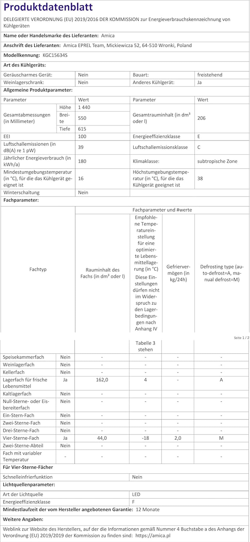 Amica VD 1442 AB Réfrigérateur-Congélateur Autoportante 213 L E Noir