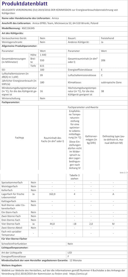 Amica VD 1442 AB Réfrigérateur-Congélateur Autoportante 213 L E Noir