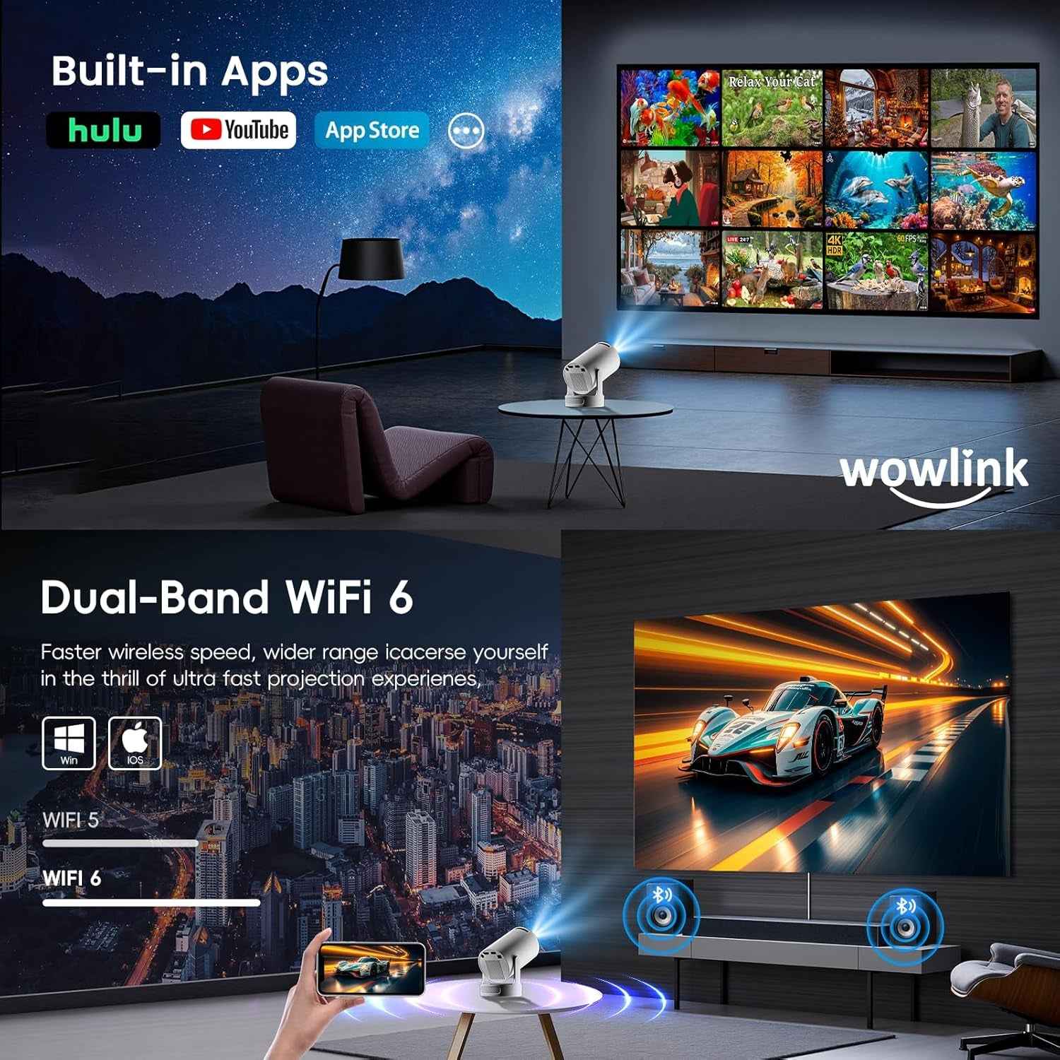 [Apps Intégrées & 2026 Upgraded] Vidéoprojecteur Avec Wifi 6 Et Bluetooth | Projecteur Supporte 4K 1080P Auto Keystone Rotation 180° Compatibile Avec HDMI/TV Stick/Memory Stick/Laptop, Blanc