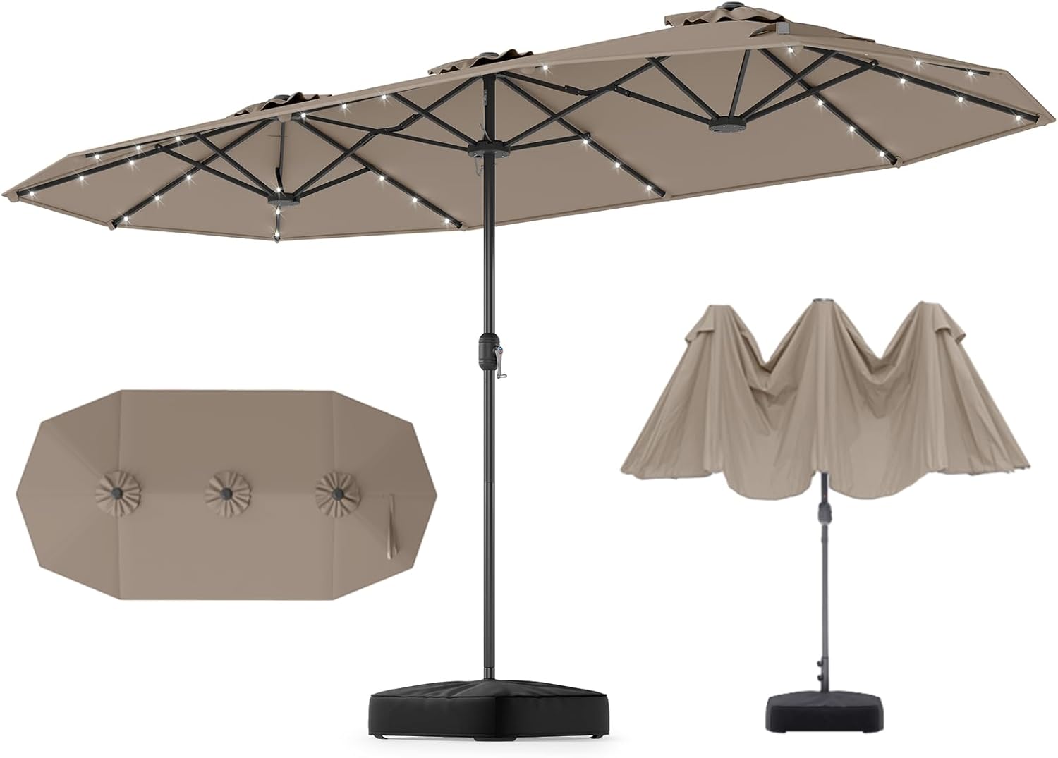 GOPLUS Parasol de Jardin Exterieur avec Pied, 4M Parasol Double Face avec LED, Manivelle et Ventilation, Grand Parasol Extérieur pour 6 Personnes pour Marché, Piscine, Terrasse, Balcon (Café)