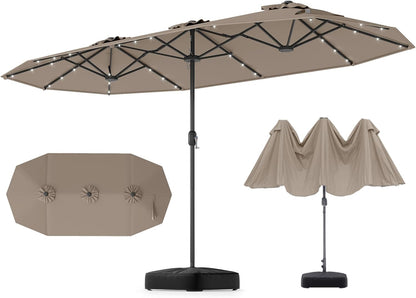 GOPLUS Parasol de Jardin Exterieur avec Pied, 4M Parasol Double Face avec LED, Manivelle et Ventilation, Grand Parasol Extérieur pour 6 Personnes pour Marché, Piscine, Terrasse, Balcon (Café)