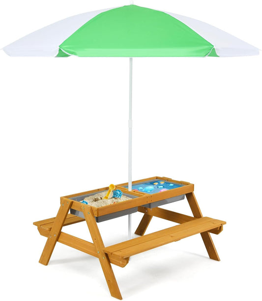 GOPLUS Table Enfant avec Banc et Parasol, 3 en 1 Banc Convertible avec Plateau Amovible et 2 Boîtes de Rangement, Table d’Activité en Bois pour Extérieur, Jardin (Vert+Blanc)