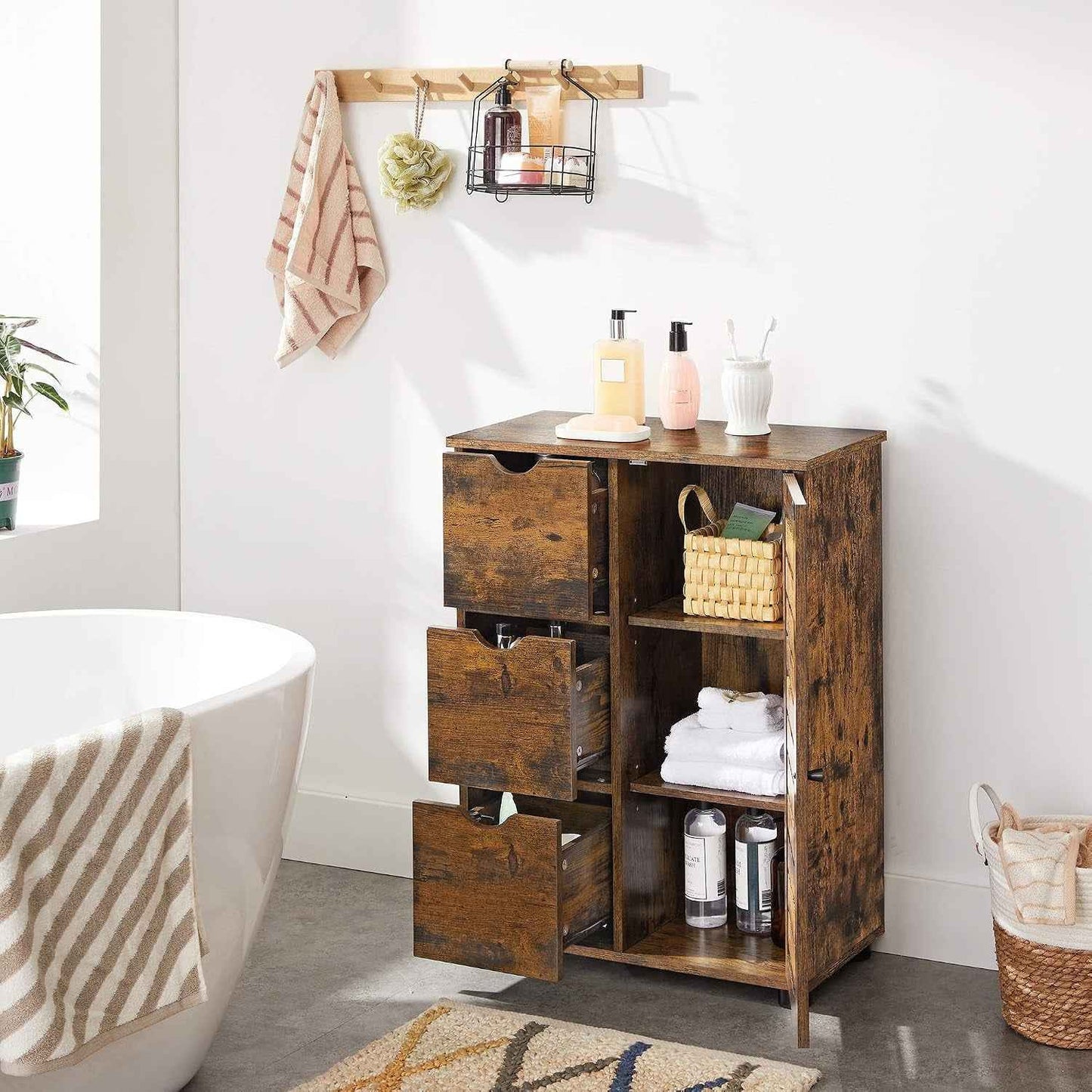 Meuble De Salle De Bain, Buffet, Armoire, Placard De Rangement Avec 3 Tiroirs, 2 Étagères Intérieures Réglables En Hauteur, Pour Salon, Cuisine, Couloir, Marron Rustique BBK143X01