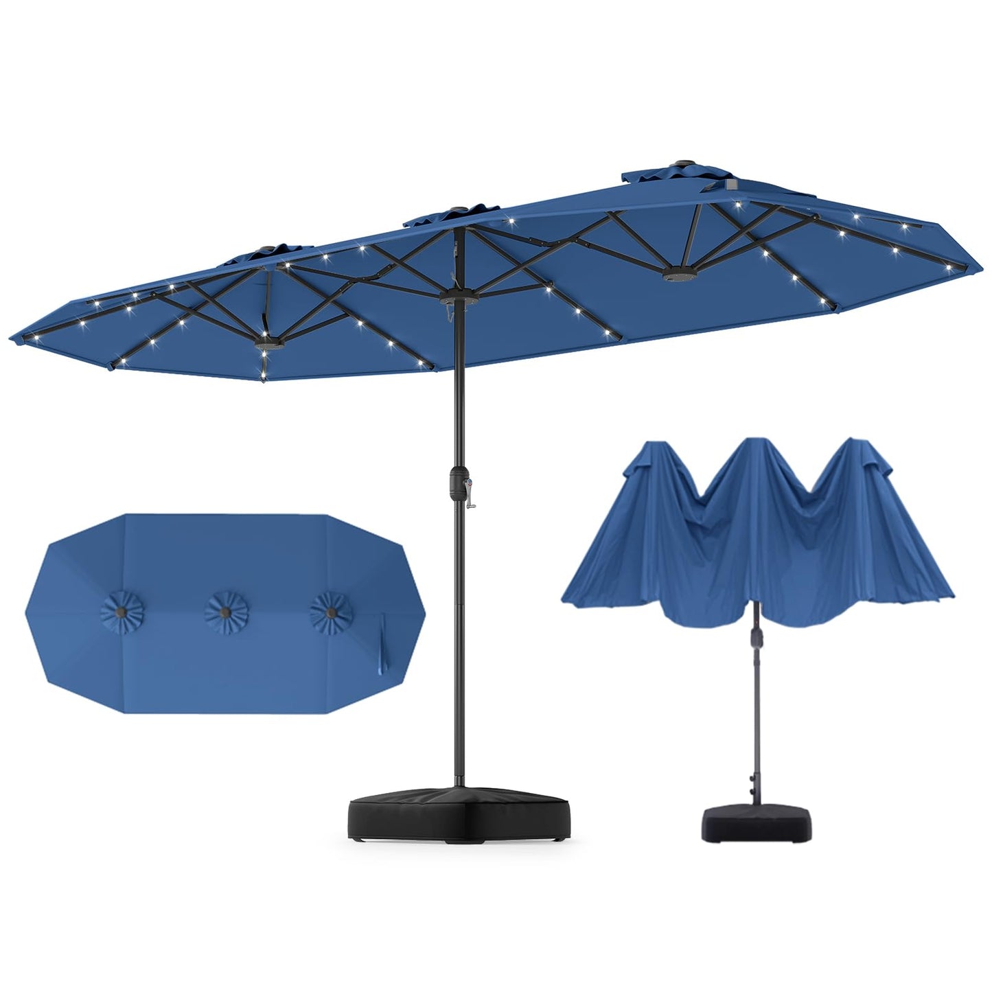 GOPLUS Parasol de Jardin Exterieur avec Pied, 4M Parasol Double Face avec LED, Manivelle et Ventilation, Grand Parasol Extérieur pour 6 Personnes pour Marché, Piscine, Terrasse, Balcon (Café)