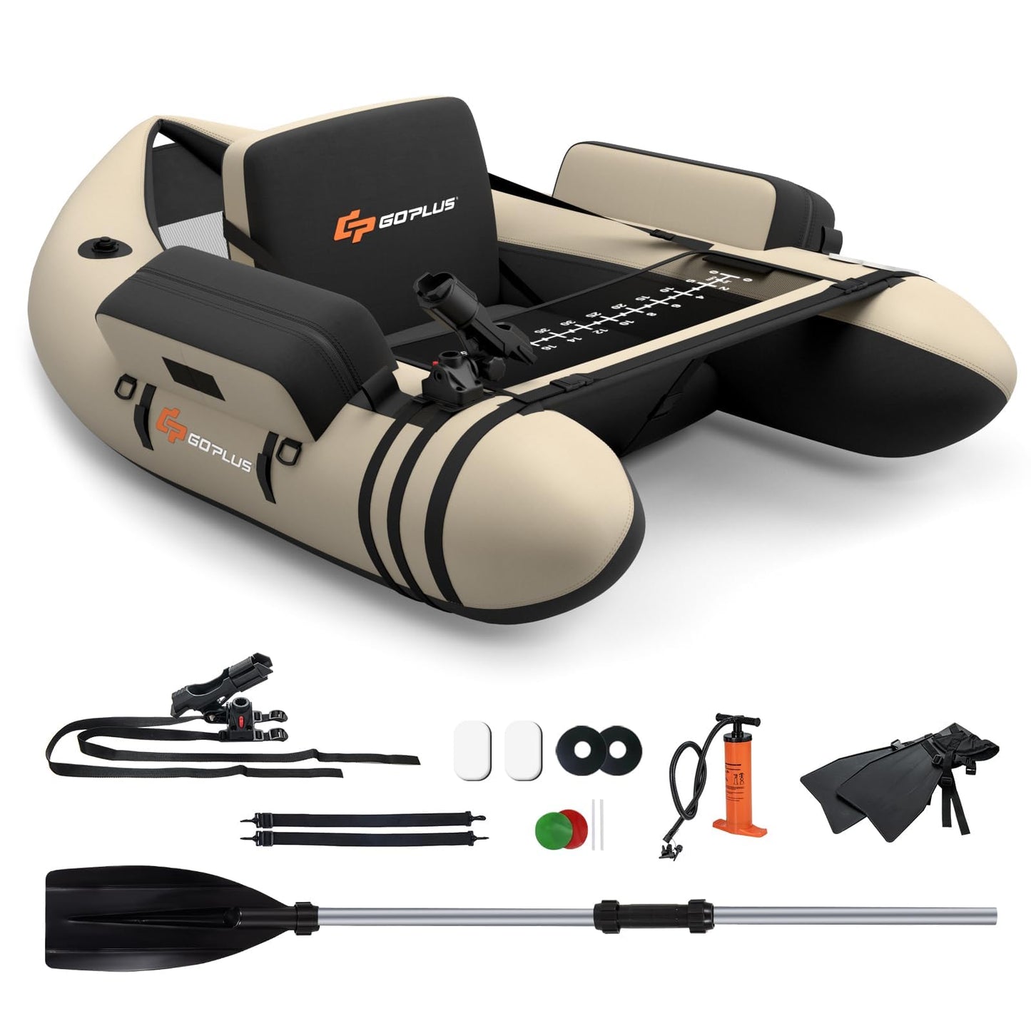 GOPLUS Bateau Pêche Gonflable, Float Tube Tissu Polyester avec Support de Canne Peches, Dossier, Sangles Réglables, Pompe, Règle à Poisson, Poches Rangement, Pagaie, Capacité 150KG