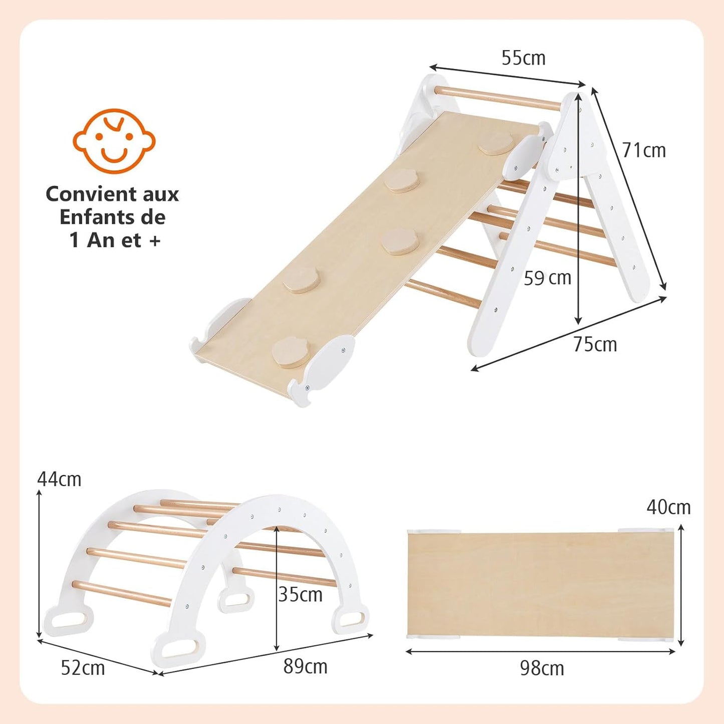 GOPLUS 7 en 1 Triangle Arche Montessori, Arche d'escalade Enfants avec Toboggan Bois,Rampe, Échelle Réglable, Charge 50KG, pour Tout-Petits Bébé 1 Ans+(Gris)