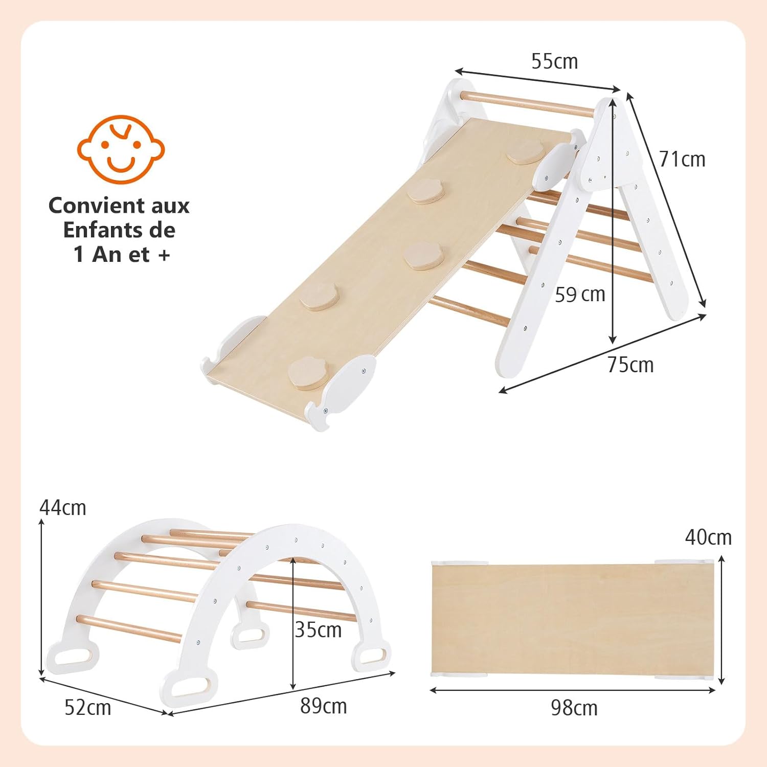 GOPLUS 7 en 1 Triangle Arche Montessori, Arche d'escalade Enfants avec Toboggan Bois,Rampe, Échelle Réglable, Charge 50KG, pour Tout-Petits Bébé 1 Ans+(Gris)