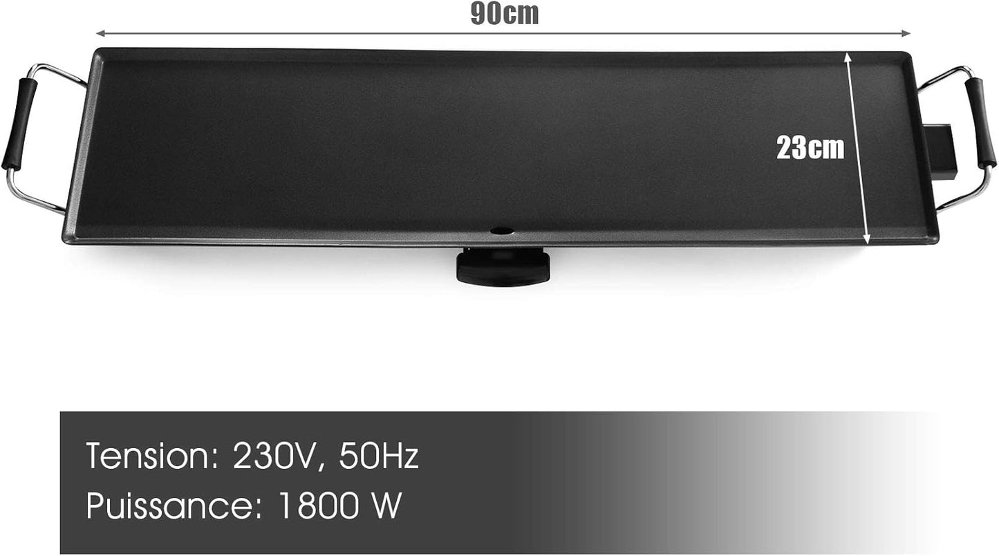 GOPLUS Plancha Électrique XXL Antiadhésive avec Thermostat Ajustable, Grille de Table Antidérapante et Lavable avec Poignée Rembourrée, Grande Capacité pour 8 Personnes, 1800W, 90 x 23CM