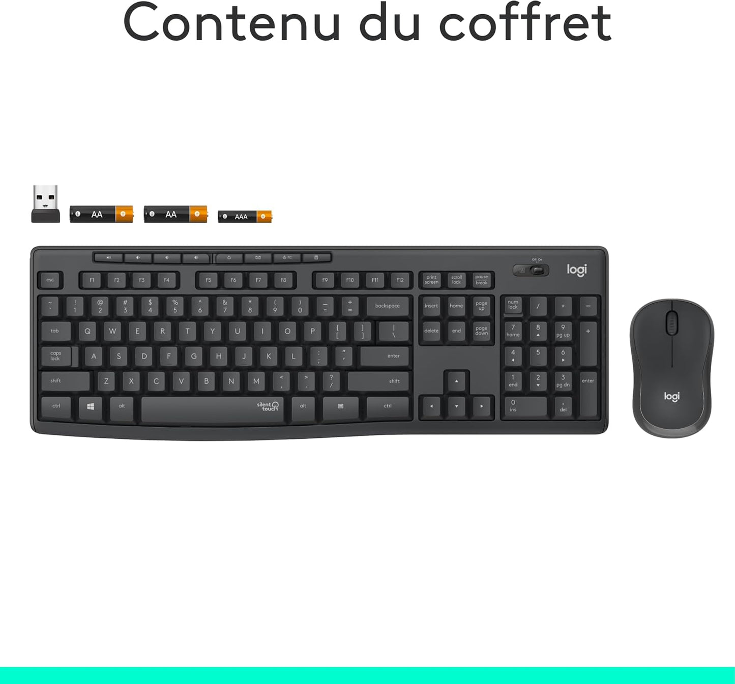 Logitech MK295 Silent wireless mouse and keyboard set | SilentTouch, standard numeric keypad, wireless, 90% less noise, AZERTY French-Graphite
