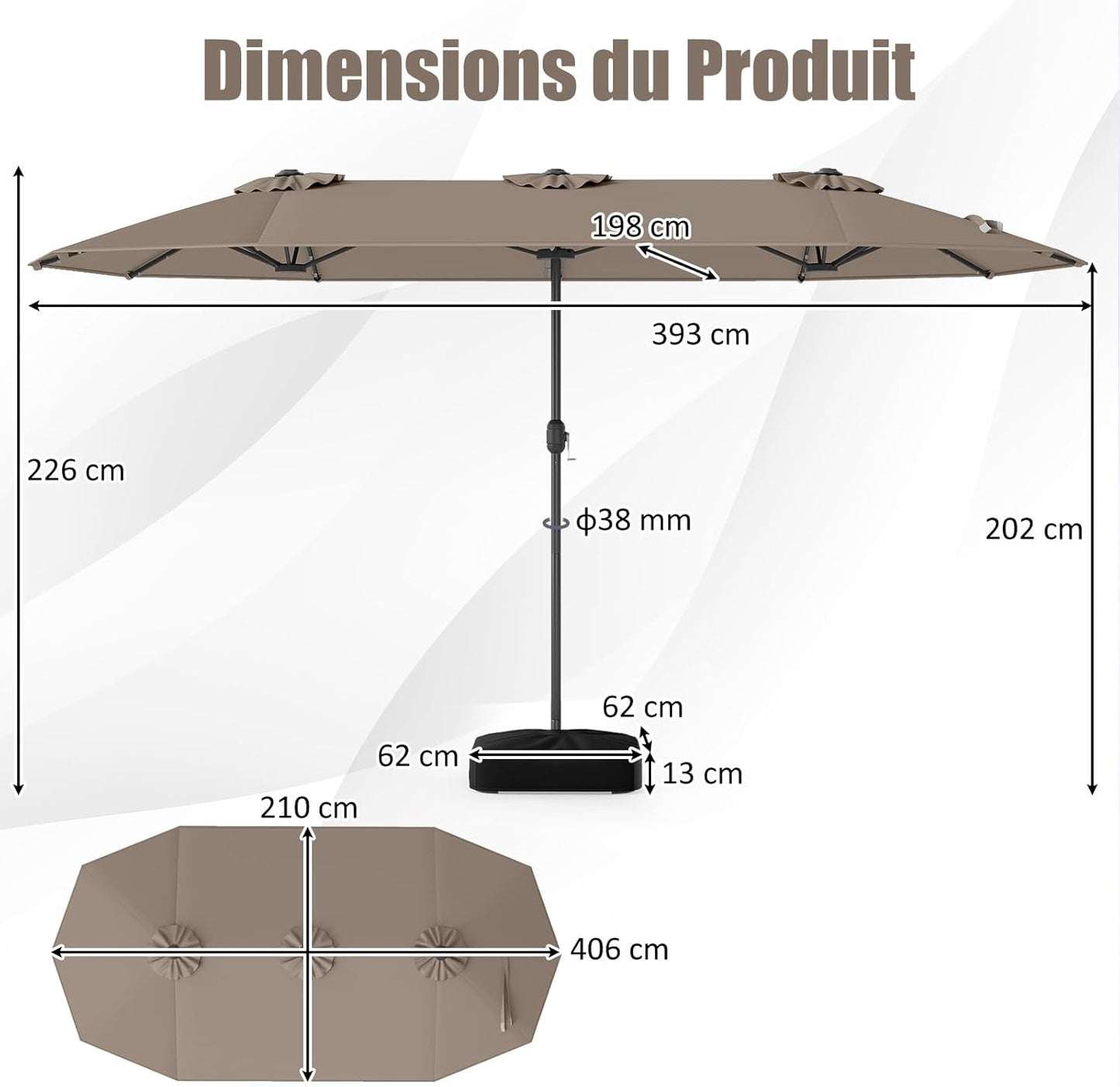 GOPLUS Parasol de Jardin Exterieur avec Pied, 4M Parasol Double Face avec LED, Manivelle et Ventilation, Grand Parasol Extérieur pour 6 Personnes pour Marché, Piscine, Terrasse, Balcon (Café)