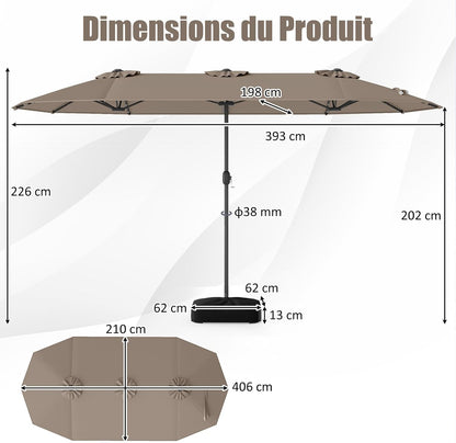 GOPLUS Parasol de Jardin Exterieur avec Pied, 4M Parasol Double Face avec LED, Manivelle et Ventilation, Grand Parasol Extérieur pour 6 Personnes pour Marché, Piscine, Terrasse, Balcon (Café)