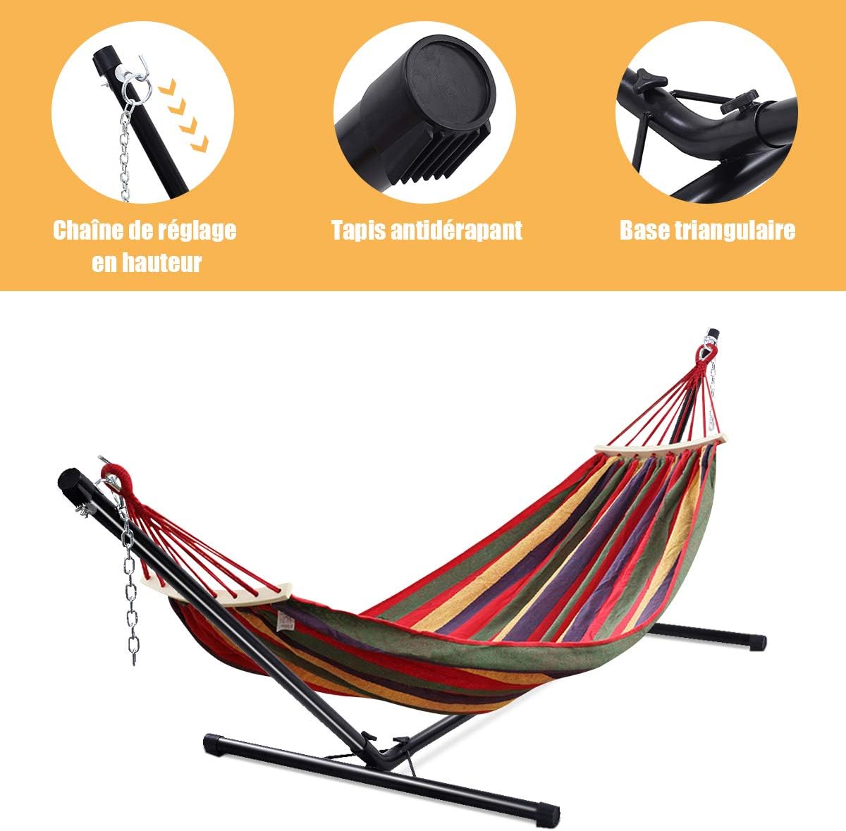 GOPLUS Support de Hamac Universel Patio Portatif Charge Maximale 150 KG Matière en Fer Robuste avec Chaîne de Suspension 325 x 100 x 106 CM Noir pour Jardin Camping Balcon