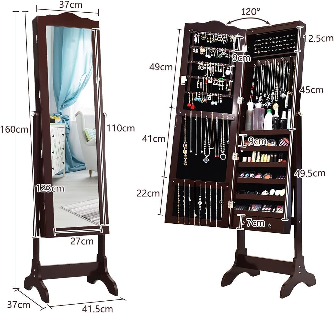 GOPLUS Armoire à Bijoux avec Miroir, 2 en 1 Armoire a Bijoux sur Pied avec 4 Angles Réglables, 14 Lumières LED, 6 Étagères, Meuble Bijoux Verrouillable en Bois pour Femmes et Filles (Brun)