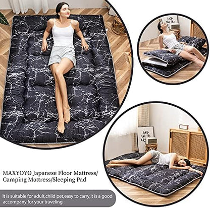 MAXYOYO Japanese Futon Mattress Floor Mattress Sleeping Pad Foldable Bed Roll Up Camping Cushion Floor Lounger Bed Couches and Sofas Couch Topper, Black Floral, Full Size