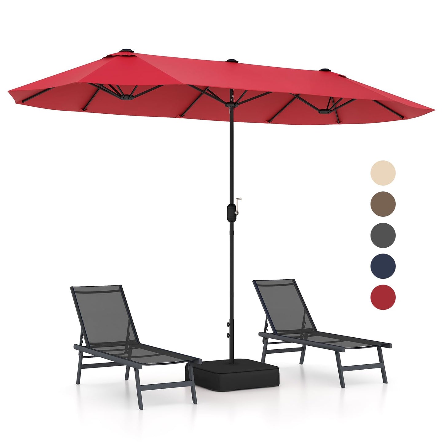 GOPLUS Parasol de Jardin Exterieur avec Pied, 4M Parasol Double Face avec LED, Manivelle et Ventilation, Grand Parasol Extérieur pour 6 Personnes pour Marché, Piscine, Terrasse, Balcon (Café)