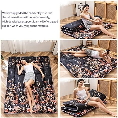 MAXYOYO Japanese Futon Mattress Floor Mattress Sleeping Pad Foldable Bed Roll Up Camping Cushion Floor Lounger Bed Couches and Sofas Couch Topper, Black Floral, Full Size