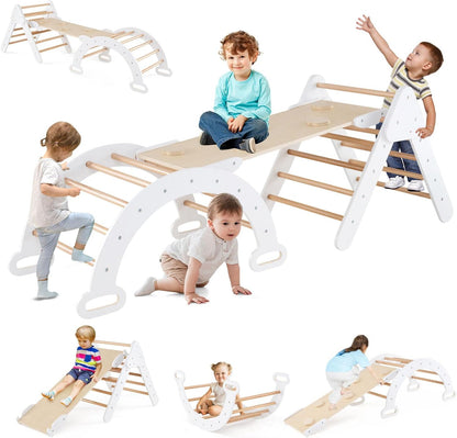 GOPLUS 7 en 1 Triangle Arche Montessori, Arche d'escalade Enfants avec Toboggan Bois,Rampe, Échelle Réglable, Charge 50KG, pour Tout-Petits Bébé 1 Ans+(Gris)