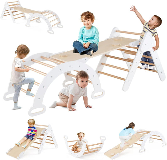 GOPLUS 7 en 1 Triangle Arche Montessori, Arche d'escalade Enfants avec Toboggan Bois,Rampe, Échelle Réglable, Charge 50KG, pour Tout-Petits Bébé 1 Ans+(Gris)