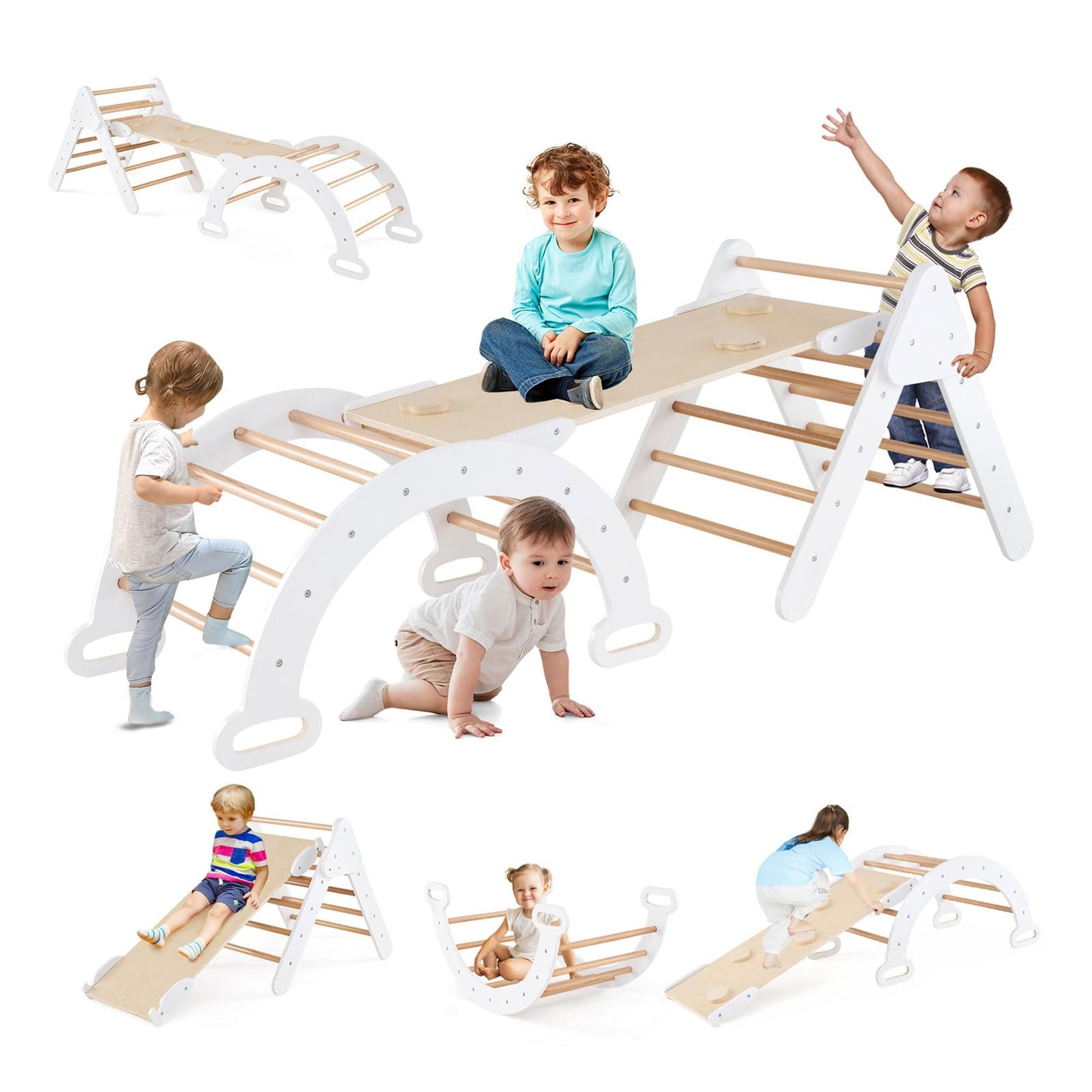 GOPLUS 7 en 1 Triangle Arche Montessori, Arche d'escalade Enfants avec Toboggan Bois,Rampe, Échelle Réglable, Charge 50KG, pour Tout-Petits Bébé 1 Ans+(Gris)