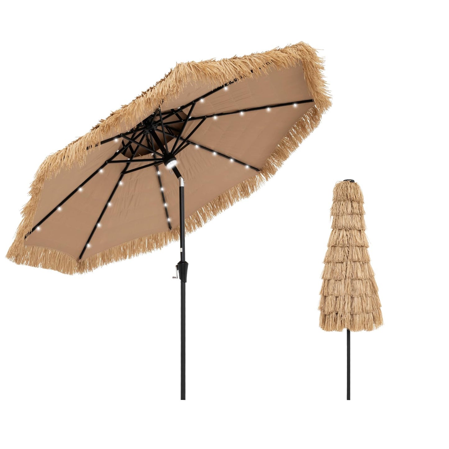 GOPLUS 3M Parasol en Paille PE avec 32 LED Solaires, Parasol Hawaïen Tropical avec Double Toit Inclinable, 8 Baleines, 9 Couches, Manivelle, Anti-UV, Manivelle, pour Jardin Patio Plage