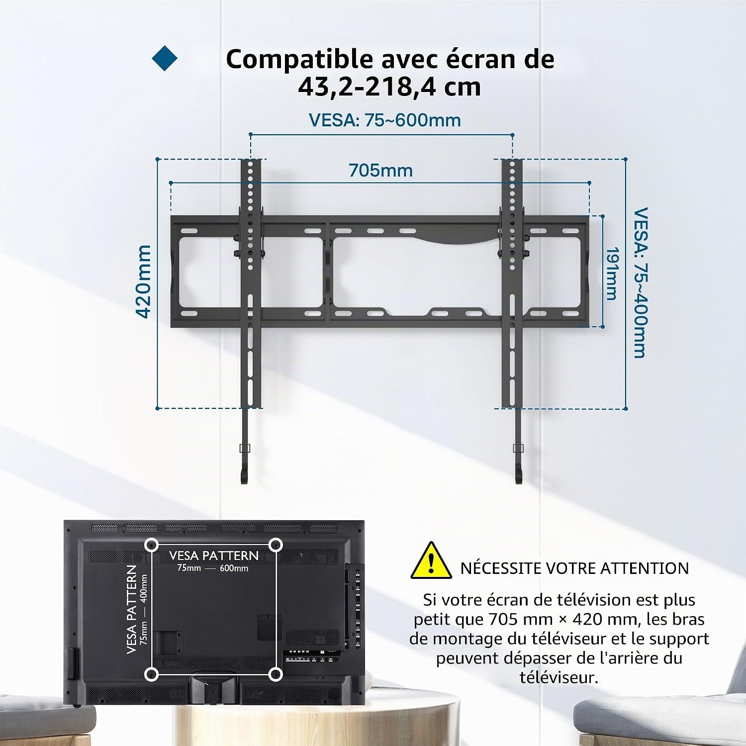 Support Mural TV Inclinable 17-86 Pouces, Charge 75 Kg | VESA 75X75 À 600X400Mm, Niveau À Bulle Et Attaches De Câble Inclus, Compatible Avec Écrans LCD, LED Et Plasma