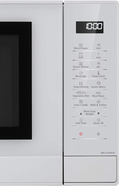 NN-GT45KWSUG Four Micro-Ondes Gril Et Plateau Tournant En Verre, 31L, 1000W, Technologie Inverter, 24 Programmes Auto, Décongélation, 7 Niveaux De Puissance, Minuterie, Affichage LED, Blanc