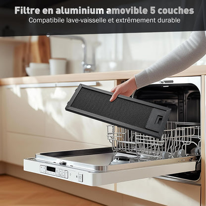 A+++ Hotte Aspirante 90 Cm, 800 M³/H, Contrôle Gestes & Tactile | Hotte De Cuisine 3 Vitesses + Mode Booster, Filtre À Charbon Actif, Recyclage/Évacuation, Panneau Verre Tactile, Hotte Noire