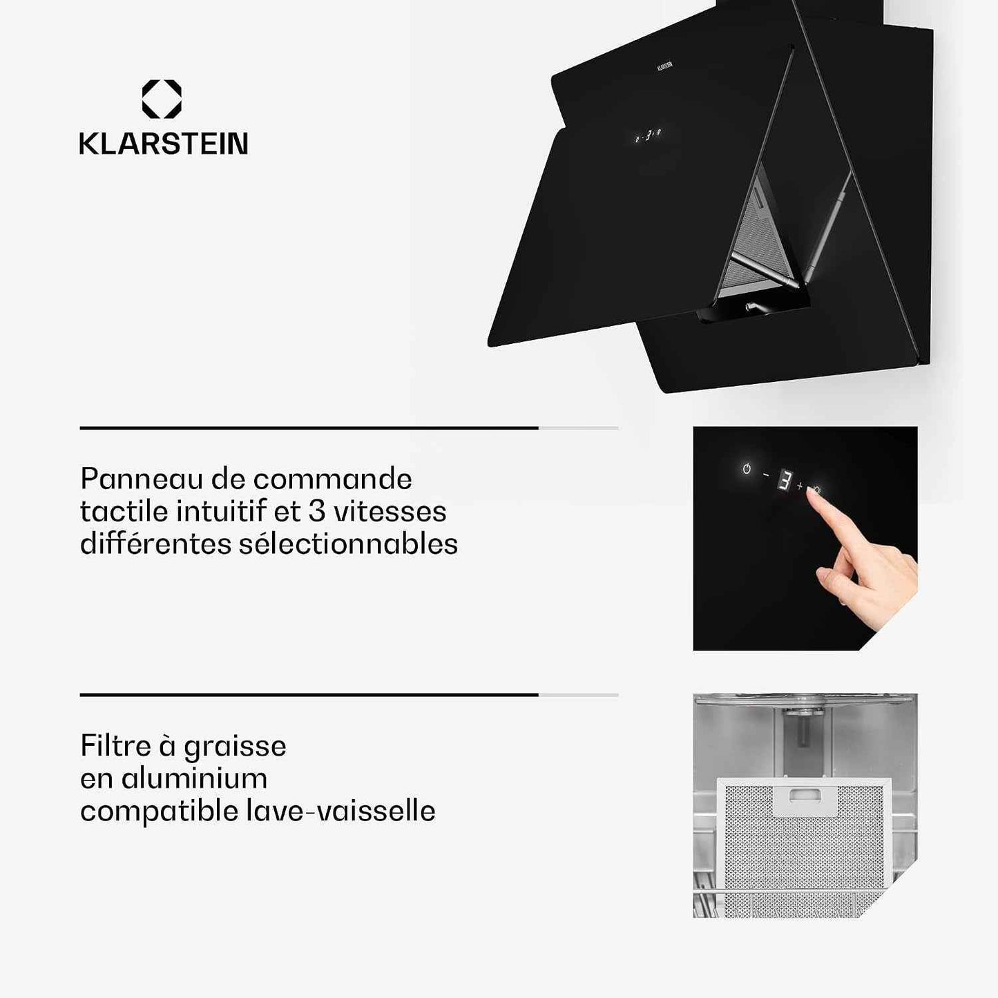 Montage Mural Hotte Aspirante Inclinées 90Cm, Pour Cuisine, Filtre En Aluminium, Débit D'Air Puissant 607M³/H, LED, Ecran Tactile, Extracteur D'Air Silencieux, Efficace Avec Evacuation, Noir