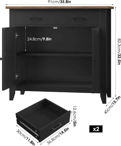 Meuble De Rangement, Buffet Cuisine, Placard De Salle À Manger | Buffet Avec 2 Portes Et 2 Tiroirs Salon 40P X 91L X 82H Cm, Blanc/Noir/ Vert/ Bleu