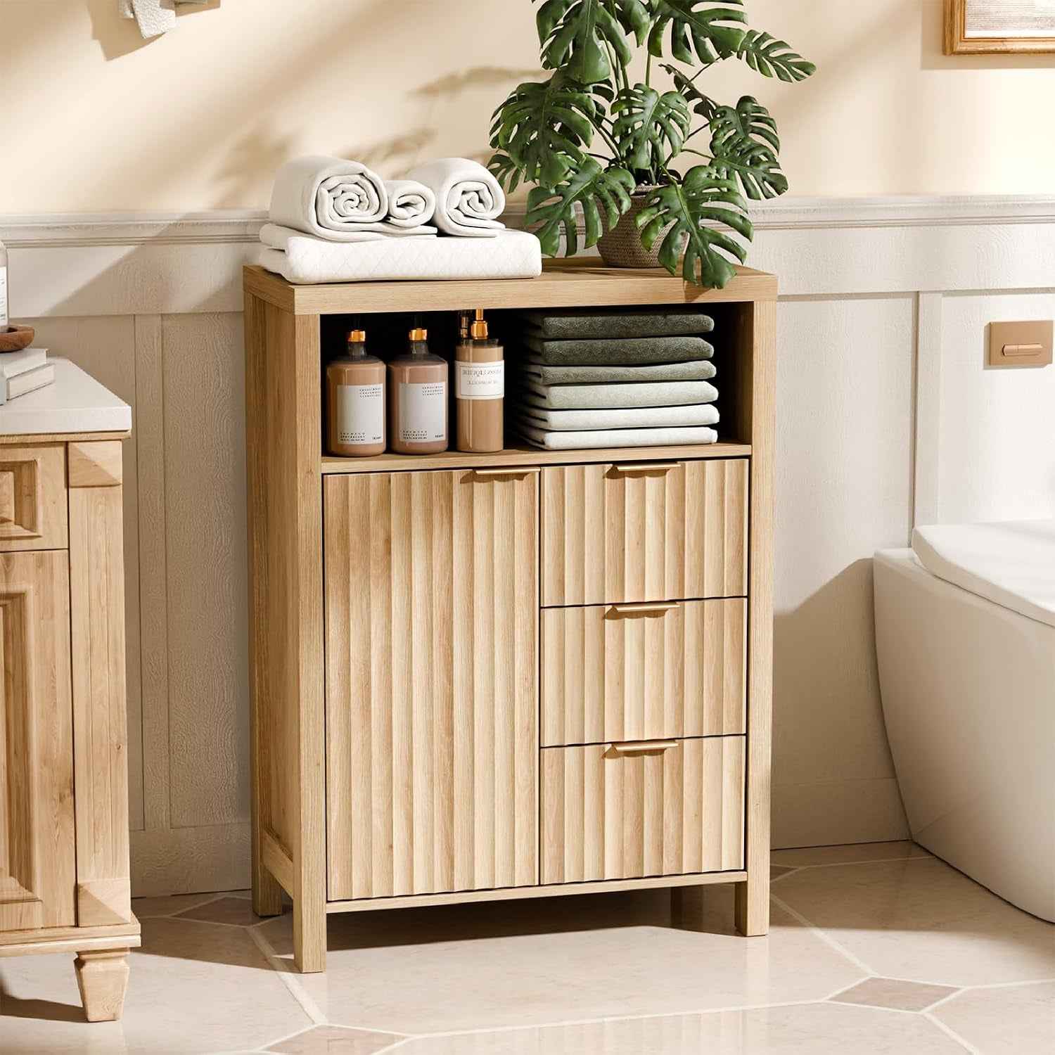 Meuble De Rangement, Armoire De Rangement En Bois Avec 1 Compartiment Ouvert, Meuble Sur Pied Avec 4 Tiroirs, Commode Pour Cuisine, Entrée, Salle De Bain, Chêne, 59 X 30 X 81 Cm