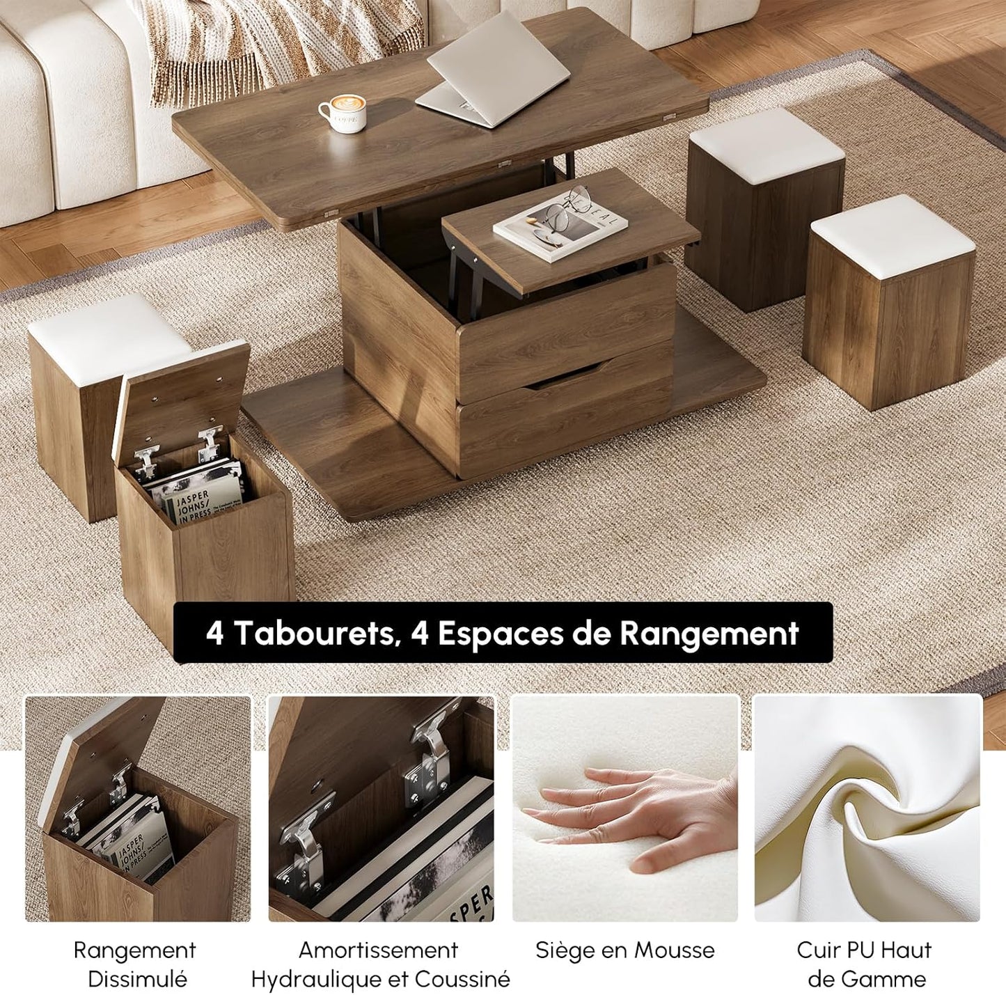 Table Basse Relevable En Bois Avec 4 Chaises Cachées Moelleuses, Tournante Hydraulique, Mode Bureau Salle À Manger, Rangement Intégré, Meuble Moderne Multi-Fonction Noir Noyer