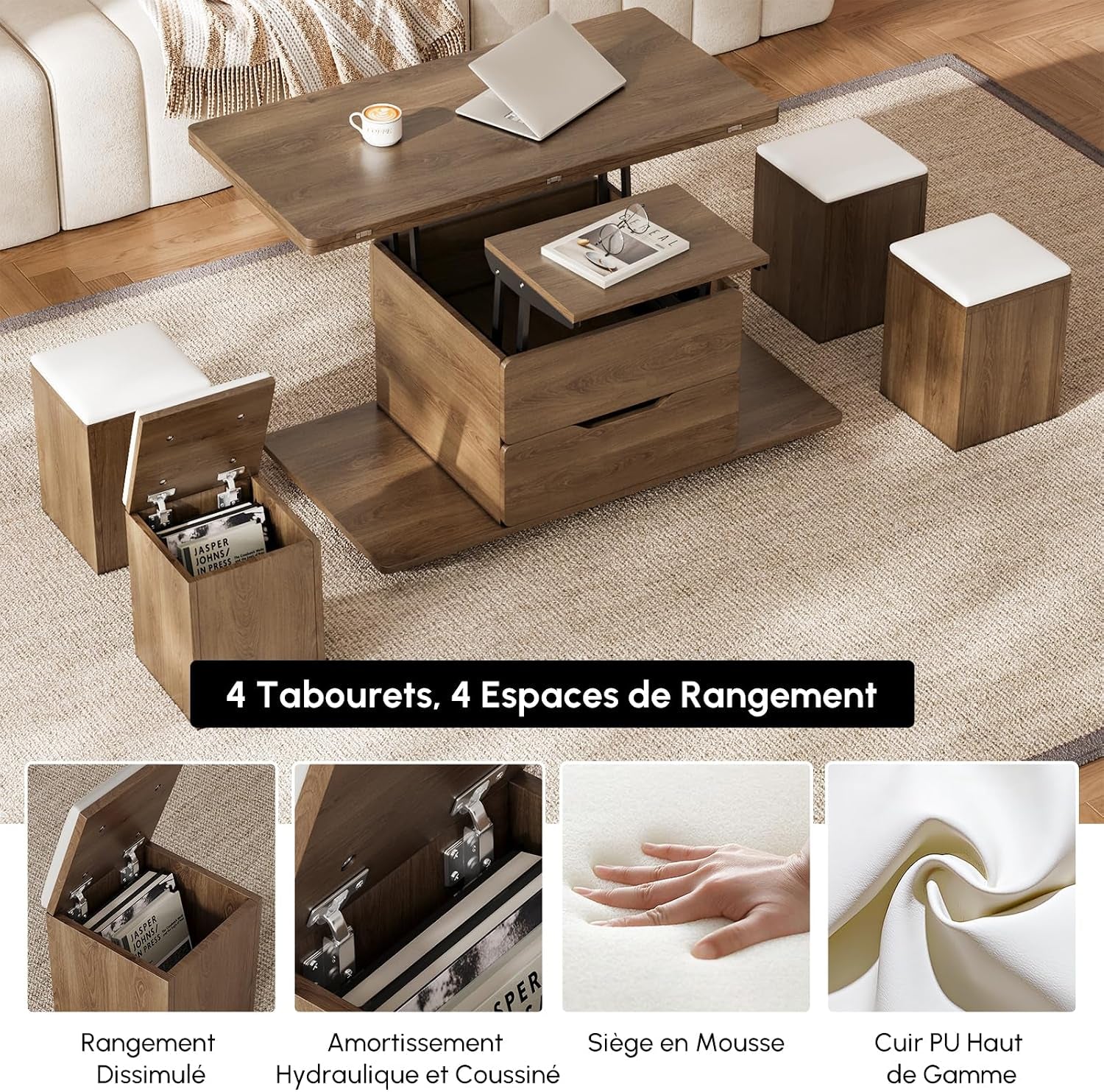 Table Basse Relevable En Bois Avec 4 Chaises Cachées Moelleuses, Tournante Hydraulique, Mode Bureau Salle À Manger, Rangement Intégré, Meuble Moderne Multi-Fonction Noir Noyer