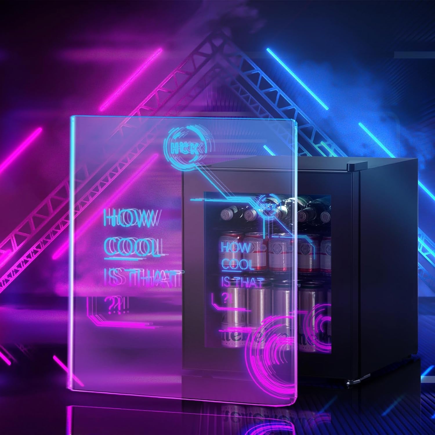 Mini Frigo, Réfrigérateur Pour Boissons Avec Éclairage Moderne Cyberpunk, 48L Petit Frigo Silencieux De 0-15°C, Mini Bar Intérieur, Pour Salle De Jeux, Fête, Noir.