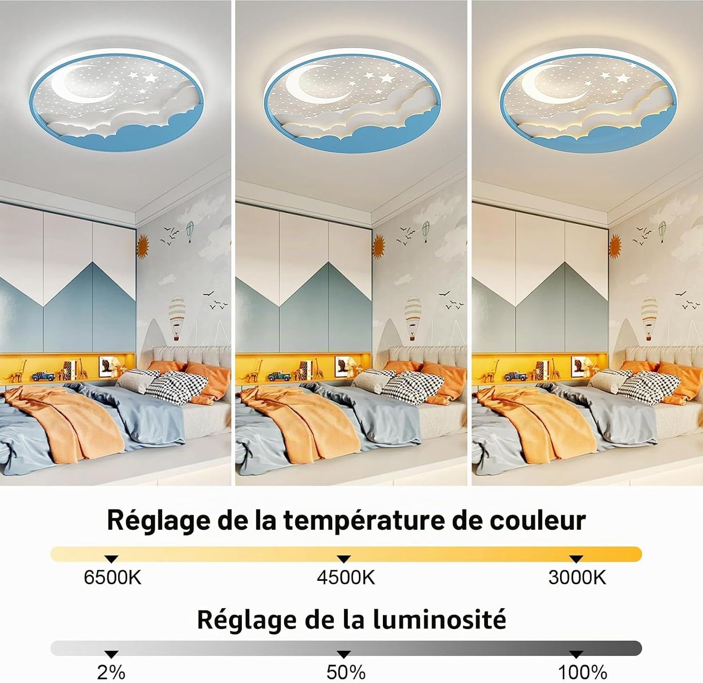 LED Plafonnier Pour Enfants, Créative Étoile Et Lune Lampe De Plafond Enfants, Dimmable Acrylique Plafonnier Avec Télécommande, 3000-6000K, Moderne Filles Garçons Chambre Lampe,Bleu,50Cm