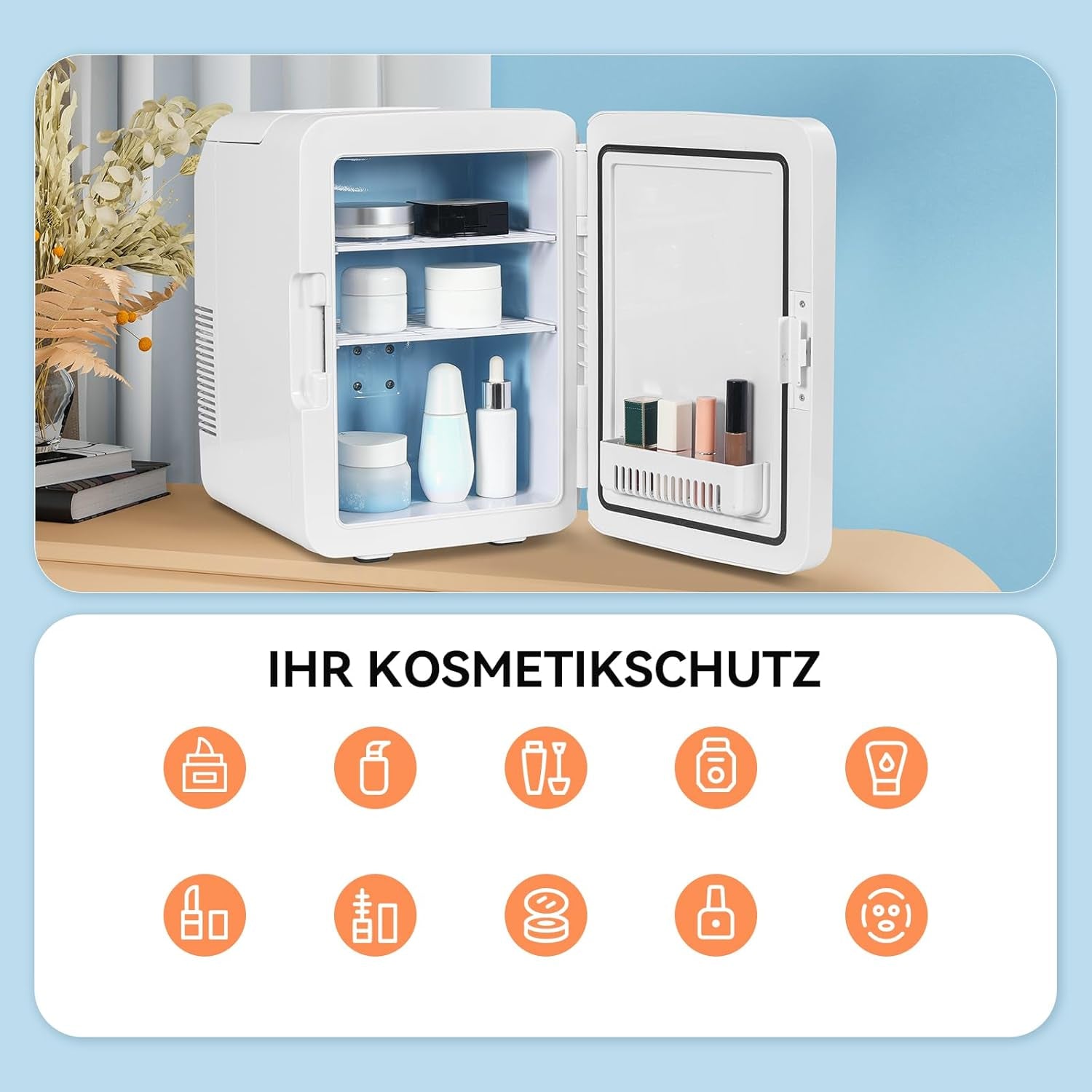 Mini Frigo 10L Avec Miroir, Mini Réfrigérateurs Portable, Petit Frigo Cosmetique 12V/220V, Frigo De Chambre Avec Fonction Chaud/Froid, Miroir De Maquillage Pour Voitures, Blanc