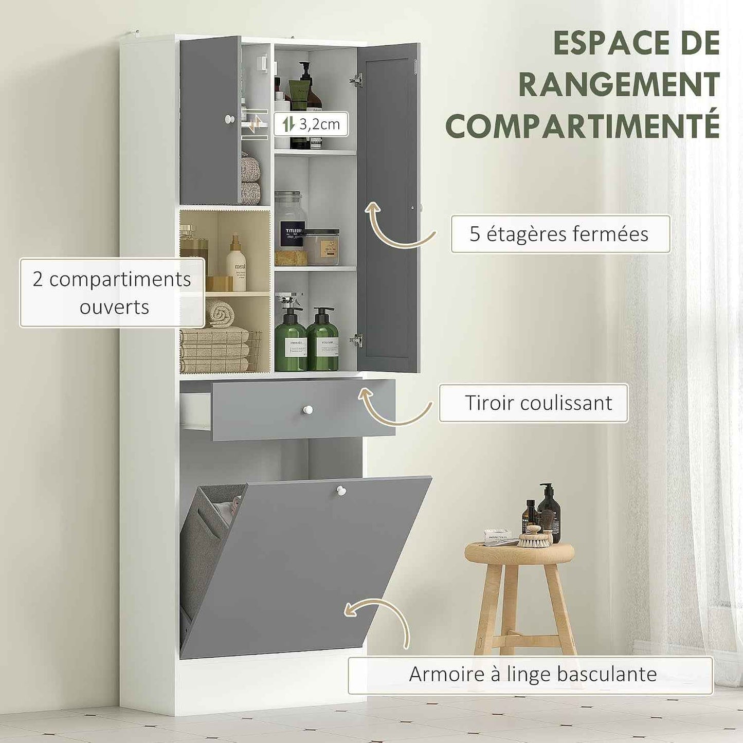 Meuble De Salle De Bain Haut Avec Coffre a Linge Et Miroir | Meuble De Rangement, Placards À Portes, 2 Compartiments Ouverts, Tiroir, Étagère Réglable, 62 X 28,3 X 181 Cm, Gris Et Blanc