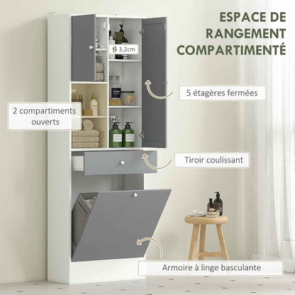 Meuble De Salle De Bain Haut Avec Coffre a Linge Et Miroir | Meuble De Rangement, Placards À Portes, 2 Compartiments Ouverts, Tiroir, Étagère Réglable, 62 X 28,3 X 181 Cm, Gris Et Blanc