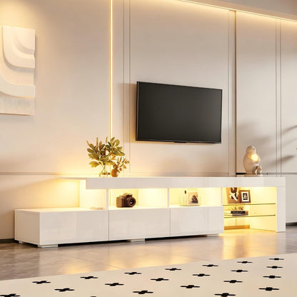 Meuble TV LED 180 Cm, Meuble Tele Avec Rangement, Meuble TV LED Haute Brillance, Pour TV Jusqu'À 75 Pouces, Blanc, 180 X 35 X 45 Cm