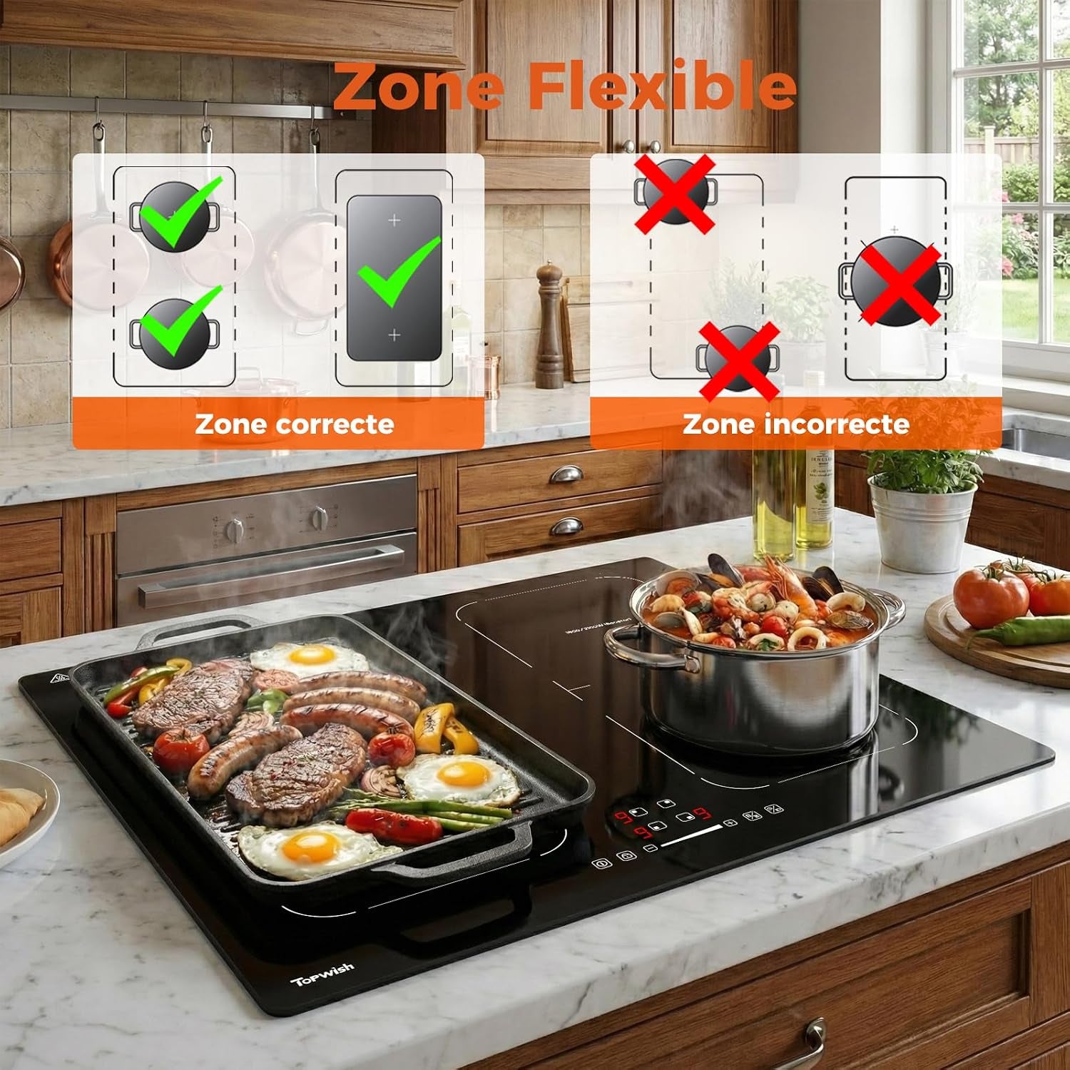 Plaque Induction 4 Feux, Avec Deux Zones Flexibles, 7200W | Plaque De Cuisson Induction 4 Zones, Avec Booster, 9 Niveaux, Sécurité Enfant,Arrêt Automatique, Maintien Au Chaud, BBQ, 60Cm
