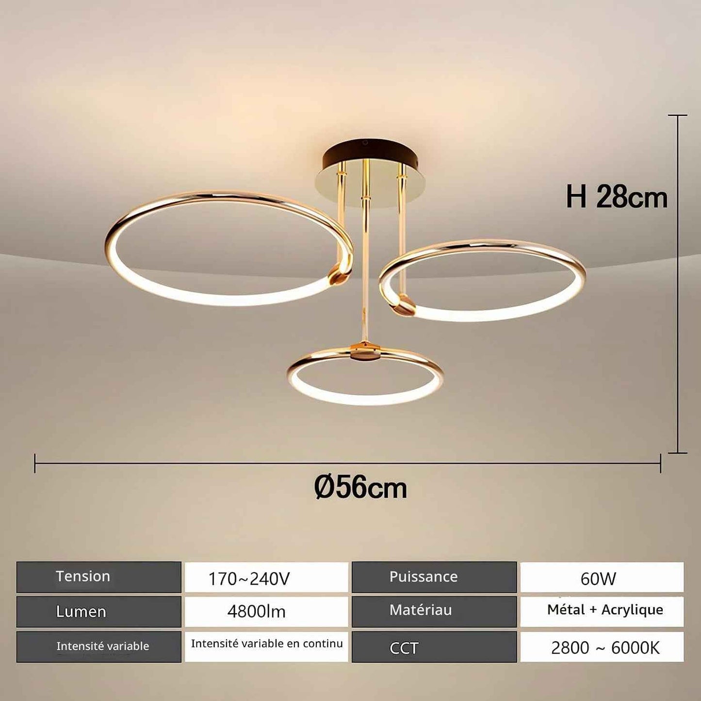 3 Anneaux Ronds Plafonnier Led Doré, Lustre Ø56Cm | 60W À Intensité Variable, Suspension Créative En Métal Électrolytique, Lampe Moderne Pour La Chambre À Coucher Bureau D'Enfants Étude