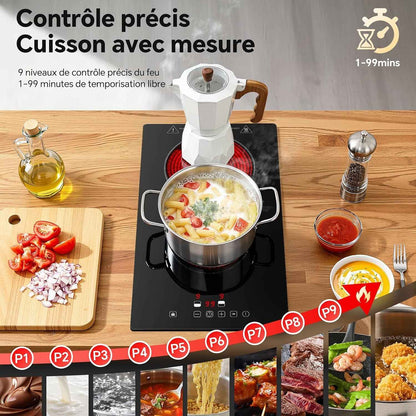 Plaque Vitrocéramique 2 Feux, Plaque De Cuisson Electrique 3000W | Avec Prise, 30Cm Encastrable/Portable, 9 Niveaux, Commande Tactile, Arrêt Automatique, Pour Toutes Les Poêles