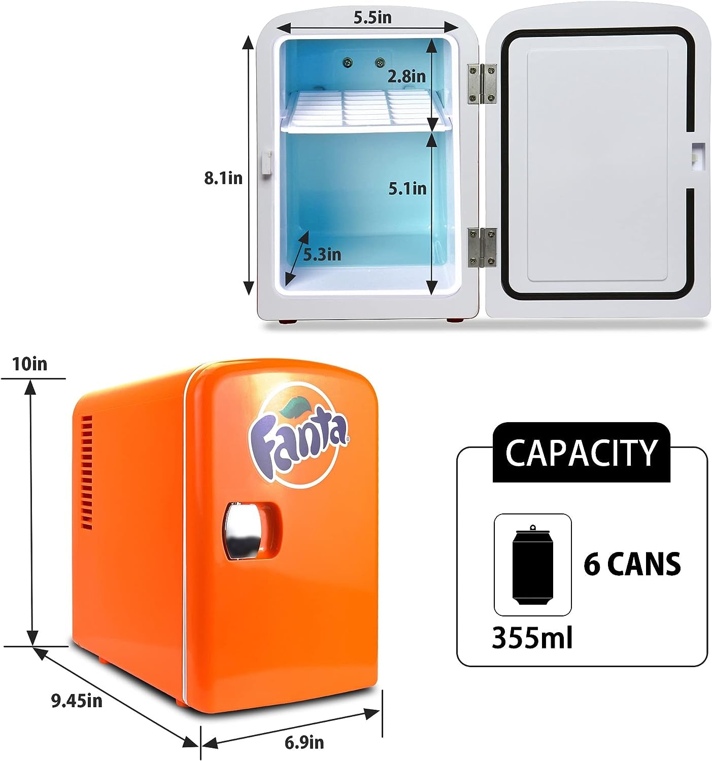 Coca Cola Fanta Portable 6 Can Thermoelectric Mini Fridge Cooler/Warmer, 4 L/4.2 Quarts Capacity, 12V DC/110V AC Plugs Included Great for Home, Car, Skincare, Cosmetics, Medication