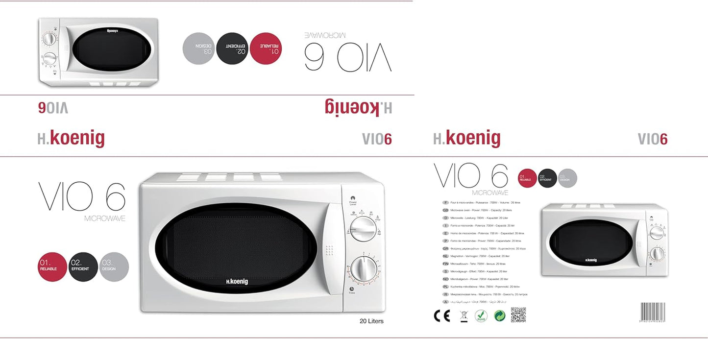 Micro-Ondes Compact 20L VIO6B Noir, Puissant 700W, Plateau Tournant 24,5Cm, Multifonction 5 Niveaux De Chauffe Et Fonction Décongélation, Minuterie Jusqu'À 30Min, Rapide, Plan De Travail