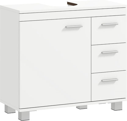 Meuble Sous Lavabo Salle De Bain 3 Tiroirs 70 X 30 X 64 Cm Blanc | Porte À Fermeture Amortie, Armoire Sous Lavabo, Style Moderne