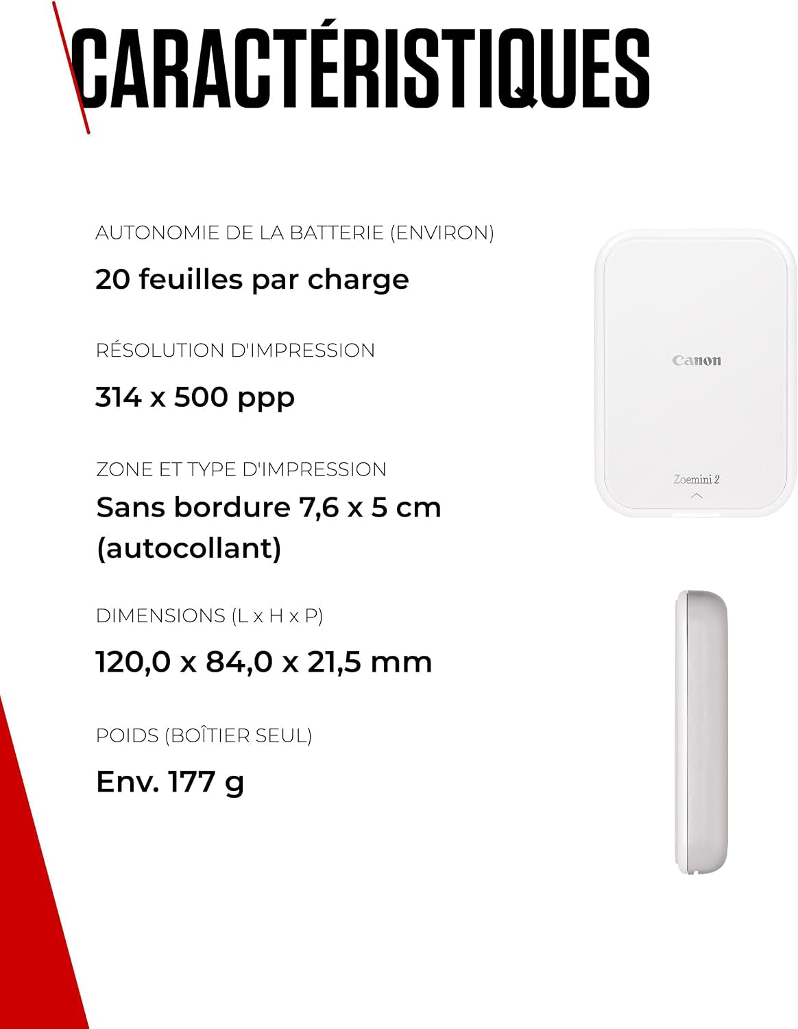 Canon ZOEMINI 2 Imprimante Photo Portable Bluetooth + 10 Papiers Photo | Impression Thermique Sans Encre ; Photos Résistantes À L'Eau Et Déchirures, Tirage Sans Bordure, 20 Photos Par Charge