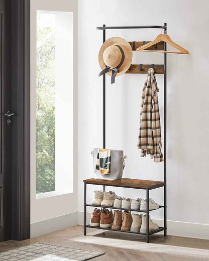 Meuble D’Entrée, Porte-Manteaux, Avec Banc Et Étagère À Chaussures, 9 Crochets Amovibles, Tringle, 32,2 X 64 X 180 Cm, Pour Entrée, Chambre, Style Industriel, Marron Rustique Et Noir HSR411B01