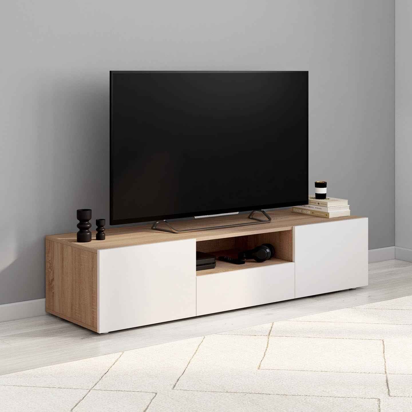 - Meuble TV 140 Cm ELI Bois Façon Hêtre Portes Blanches