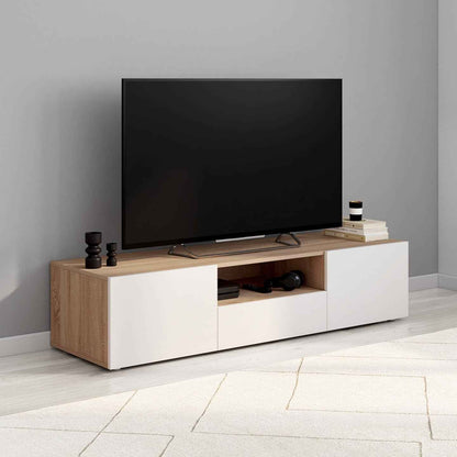 - Meuble TV 140 Cm ELI Bois Façon Hêtre Portes Blanches